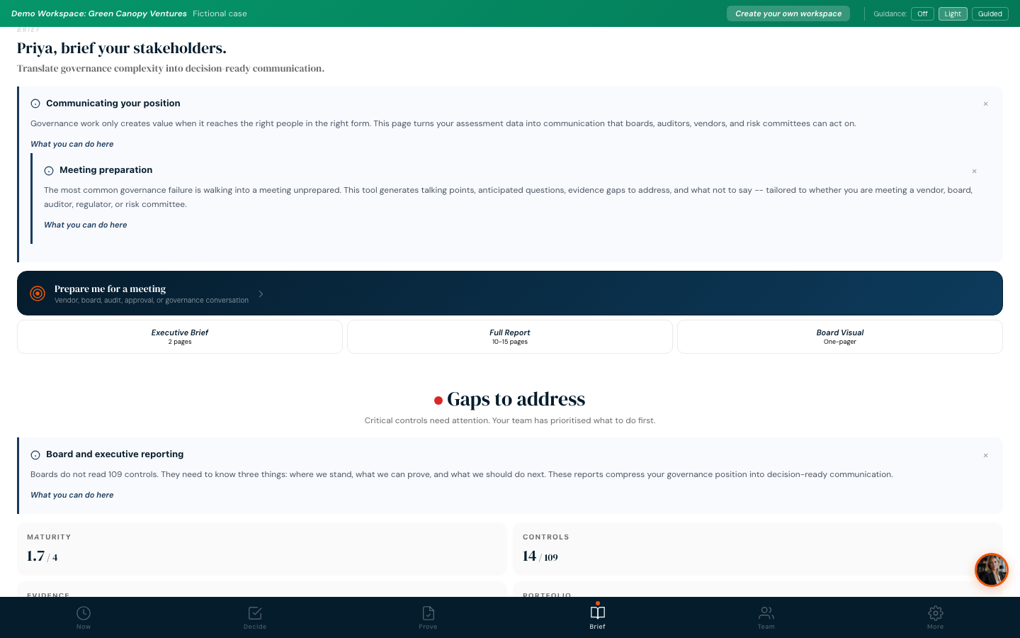 AI Control Index app: a board-ready brief produced from a governance workspace, with maturity and control scores